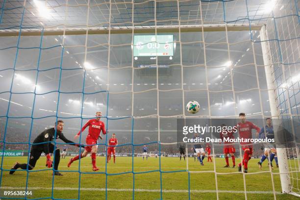 Max Meyer of Schalke 04 scores his teams first goal of the game past Goalkeeper, Timo Horn of FC Koeln during the DFB Pokal match between FC Schalke...