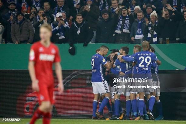Max Meyer of Schalke 04 celebrates 1-0 with Franco Di Santo of Schalke 04, Daniel Caligiuri of Schalke 04, Bastian Oczipka of Schalke 04, Naldo of...