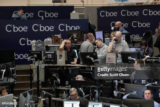 Traders trade VIX contracts at the Cboe Global Markets exchange on December 19, 2017 in Chicago, Illinois. Last week the exchange became the first in...