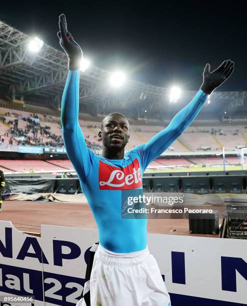 Kalidou Koulibaly player of SSC Napoli celebrates the victory after the TIM Cup match between SSC Napoli and Udinese Calcio at Stadio San Paolo on...