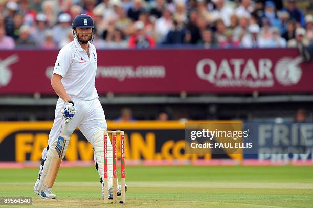 England batsman Andrew Flintoff runs on the fourth day of the third Ashes cricket test between England and Australia at Edgbaston in Birmingham,...