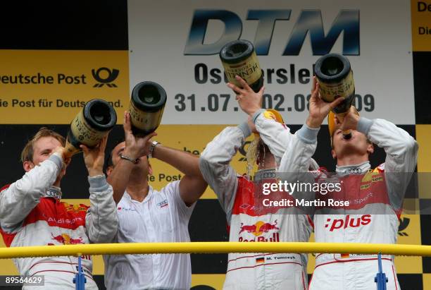 Mattias Ekstroem of Sweden and Red Bull Audi A4 finishing 2nd position, Hans Juergen Abt, team manger of Audi, Timo Scheider of Germany and Audi A4...