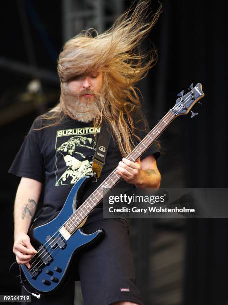 Bassist John Campbell of Lamb of God performs on stage on the second day of Sonisphere at Knebworth House on August 2, 2009 in Stevenage, England.