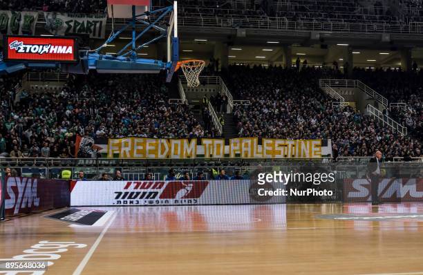 Solidarity movent in Greece hold a banner reading 'Freedom to Palestine' during the Euroleague basketball game between Panathinaikos Superfoods...