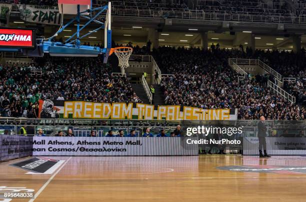 Solidarity movent in Greece hold a banner reading 'Freedom to Palestine' during the Euroleague basketball game between Panathinaikos Superfoods...