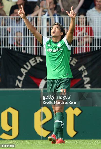 Marcelo Moreno Martins of Bremen jubilates after scoring his team's fourth goal during the DFB Cup first round match between 1.FC Union Berlin and SV...