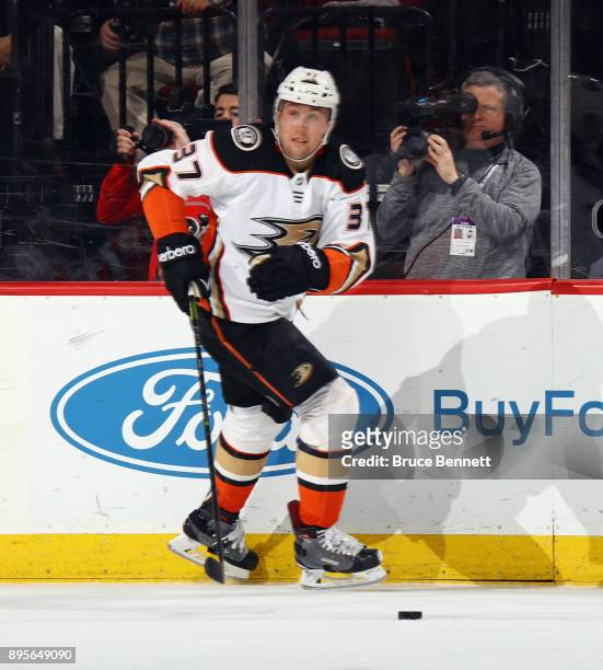 Nick Ritchie of the Anaheim Ducks skates against the New Jersey Devils at the Prudential Center on December 18, 2017 in Newark, New Jersey. The...