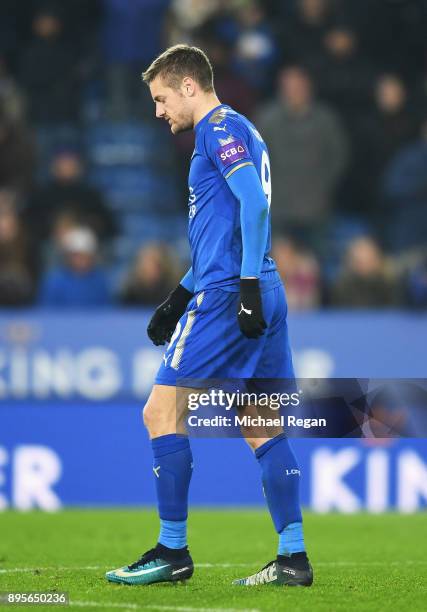 Jamie Vardy of Leicester City looks dejected as he misses a penalty in the shoot out during the Carabao Cup Quarter-Final match between Leicester...