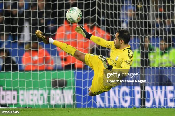 Claudio Bravo of Manchester City saves the decisive penalty in the shoot out from Riyad Mahrez of Leicester City during the Carabao Cup Quarter-Final...