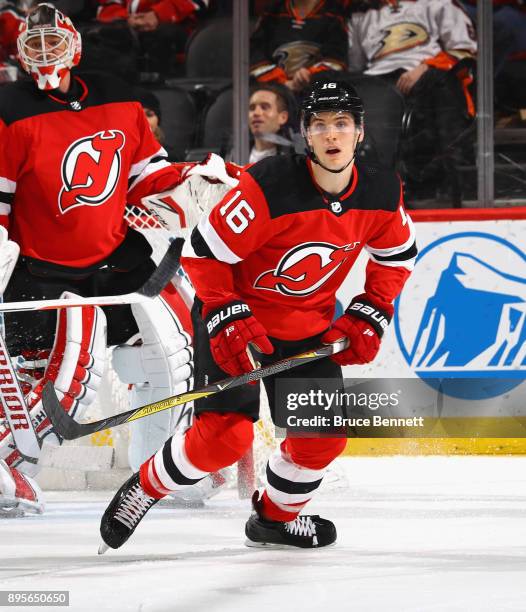 Steven Santini of the New Jersey Devils skates against the Anaheim Ducks at the Prudential Center on December 18, 2017 in Newark, New Jersey. The...