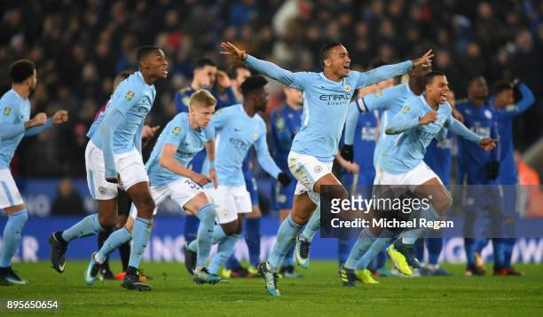 Danilo of Manchester City and team mates celebrate shoot out victory during the Carabao Cup Quarter-Final match between Leicester City and Manchester...