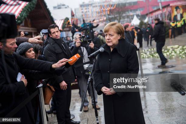 German Chancellor Angela Merkel speaks to the media after a commemoration of 2016 Christmas Market Attack at Breitscheidplatz in Berlin, Germany on...