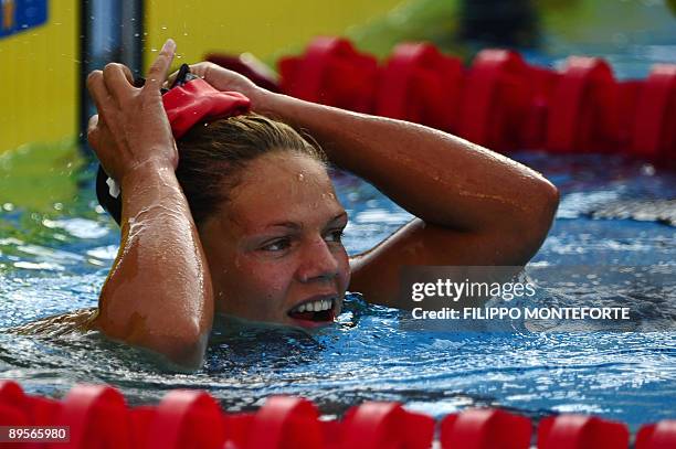 Russia's Yuliya Efimova celebrates after the women's 50m breaststoke final on August 2, 2009 at the FINA World Swimming Championships in Rome....