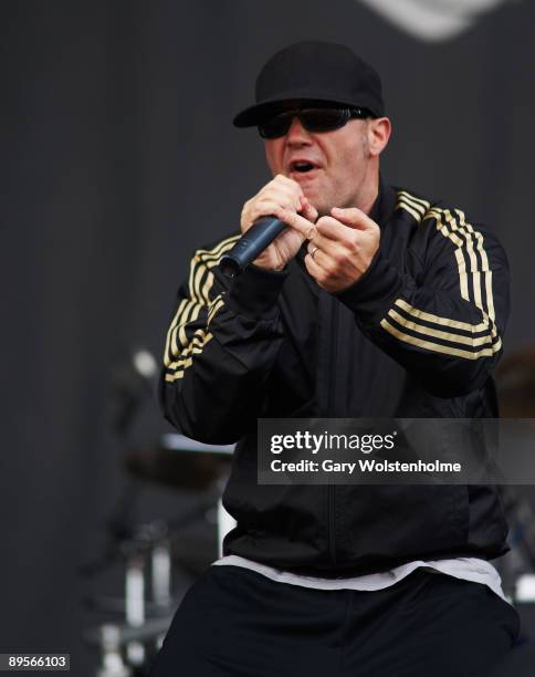 Fred Durst of Limp Bizkit performs on stage on the second day of Sonisphere at Knebworth House on August 2, 2009 in Stevenage, England.