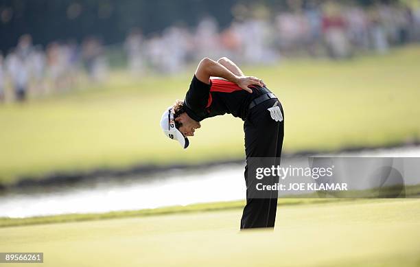 Northern Ireland's Gareth Maybin thanks his fans finishing 7th during the European PGA Moravia Silesia Open golf tournament in Celadna on August 2,...