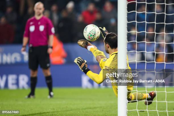 Claudio Bravo Manchester City saves a penalty during the Carabao Cup Quarter-Final match between here Leicester City v Manchester City at The King...