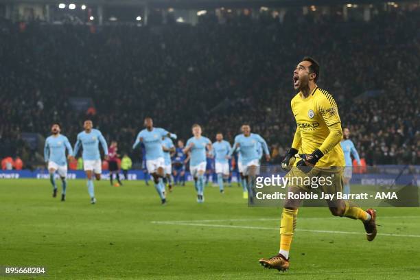 Claudio Bravo Manchester City celebrates after saving the winning penalty during the Carabao Cup Quarter-Final match between here Leicester City v...
