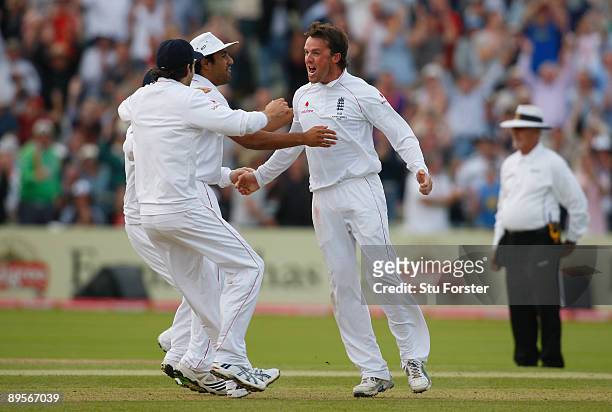 England bowler Graeme Swann celebrates with team mates after bowling Ricky Ponting during day four of the npower 3rd Ashes Test Match between England...