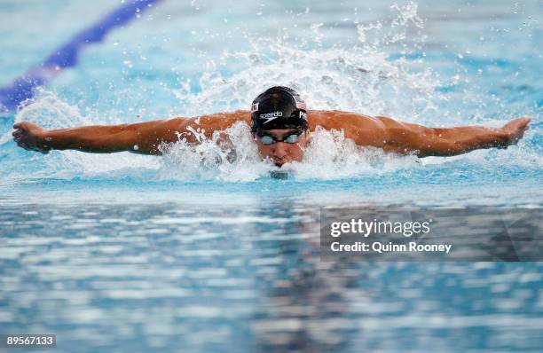 Michael Phelps of the United States competes in the Men's 4x 100m Medley Relay Final during the 13th FINA World Championships at the Stadio del Nuoto...