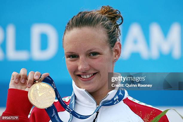 Katinka Hosszu of Hungary receives the gold medal during the medal ceremony for the Women's 400m Individual Medley Final during the 13th FINA World...