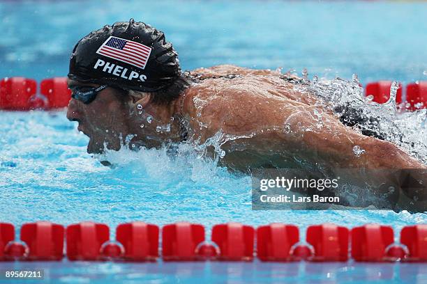 Michael Phelps of the United States competes in the Men's 4x 100m Medley Relay Final during the 13th FINA World Championships at the Stadio del Nuoto...