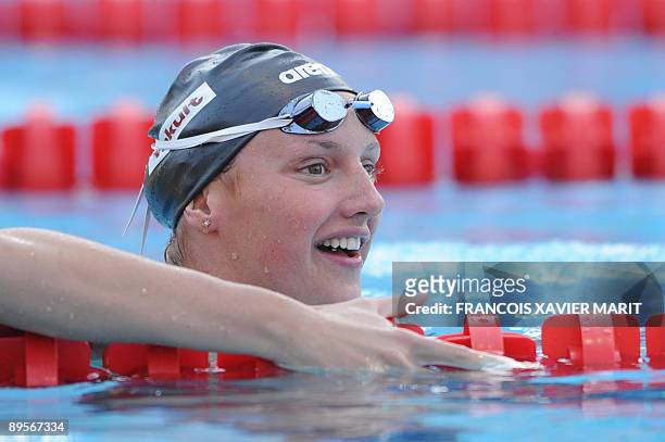 Hungary's Katinka Hosszu reacts after the women's 400m individual medley final on August 2, 2009 at the FINA World Swimming Championships in...