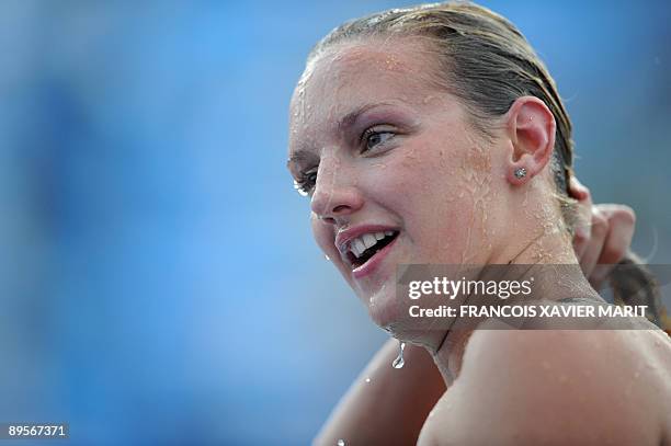 Hungary's Katinka Hosszu reacts after the women's 400m individual medley final on August 2, 2009 at the FINA World Swimming Championships in...