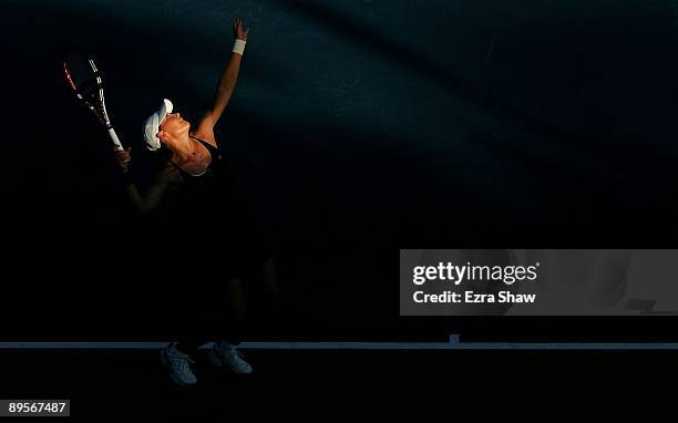 Samantha Stosur of Australia serves to Marian Bartoli of France during their semifinal match on Day 6 of the Bank of the West Classic August 1, 2009...