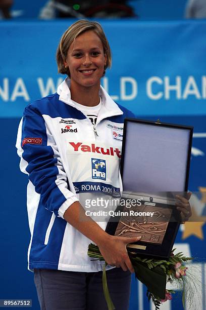 Federica Pellegrini of Italy receives an award after the 13th FINA World Championships at the Stadio del Nuoto on August 2, 2009 in Rome, Italy.