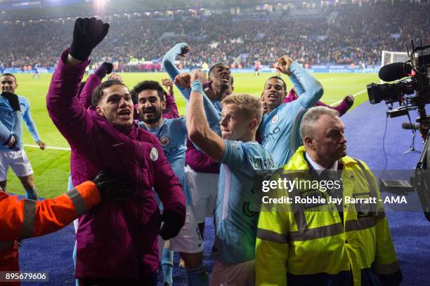 Manchester City players celebrate at full time during the Carabao Cup Quarter-Final match between here Leicester City v Manchester City at The King...