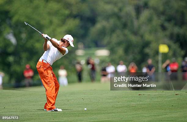Rickie Fowler hits his second shot on the seventh hole during the final round of the Nationwide Children's Hospital Invitational at The Ohio State...