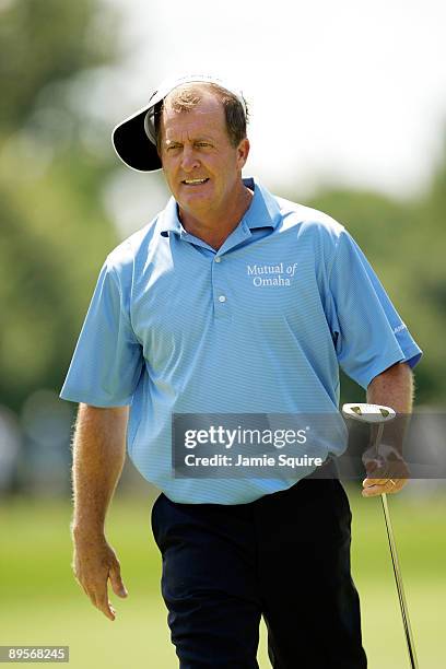 Fred Funk of the USA reacts after just missing a putt on the 5th hole during the final round of the 2009 U.S. Senior Open on August 2, 2009 at...