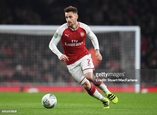 Mathieu Debuchy of Arsenal during the Carabao Cup Quarter Final match between Arsenal and West Ham United at Emirates Stadium on December 19, 2017 in...