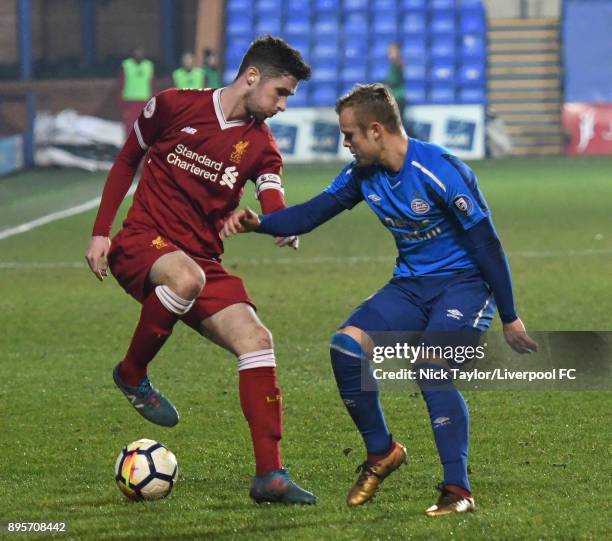 Corey Whelan of Liverpool and Lennerd Daneels of PSV Eindhoven in action during the Liverpool v PSV Eindhoven Premier League International Cup game...