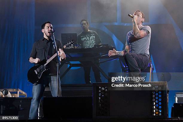 Mike Shinoda, Joe Hahn and Chester Bennington of Linkin Park performs live at Ferropolis on August 2, 2009 in Graefenhainichen, Germany.