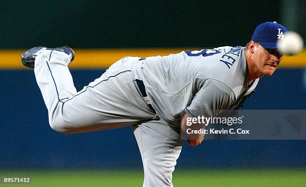 Starting pitcher Chad Billingsley of the Los Angeles Dodgers pitches to the Atlanta Braves on August 2, 2009 at Turner Field in Atlanta, Georgia.