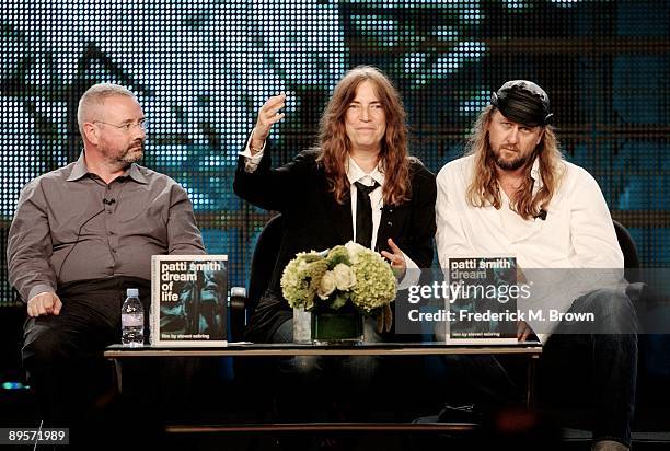 Simon Kilmurry, Musician Patti Smith and Filmmaker Steven Sebring from the program 'Patti Smith Dream of Life' speak during the PBS portion of the...