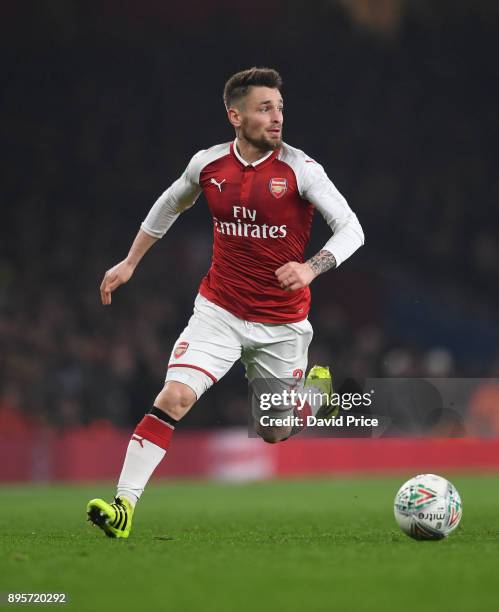 Mathieu Debuchy of Arsenal during the Carabao Cup Quarter Final match between Arsenal and West Ham United at Emirates Stadium on December 19, 2017 in...