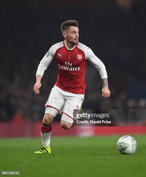 Mathieu Debuchy of Arsenal during the Carabao Cup Quarter Final match between Arsenal and West Ham United at Emirates Stadium on December 19, 2017 in...