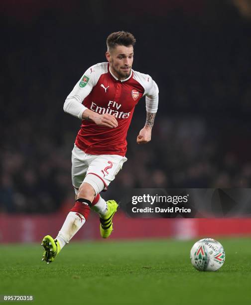 Mathieu Debuchy of Arsenal during the Carabao Cup Quarter Final match between Arsenal and West Ham United at Emirates Stadium on December 19, 2017 in...