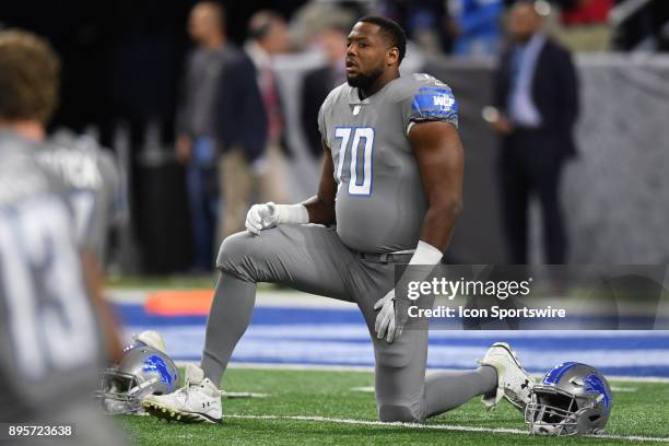 Detroit Lions offensive tackle Corey Robinson warms up prior to a game between the Chicago Bears and the Detroit Lions on December 16 at Ford Field...