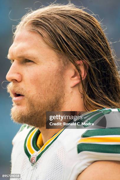 Linebacker Clay Matthews of the Green Bay Packers looks on against the Carolina Panthers during a NFL game at Bank of America Stadium on December 17,...