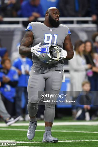 Detroit Lions defensive tackle A'Shawn Robinson warms up prior to a game between the Chicago Bears and the Detroit Lions on December 16 at Ford Field...