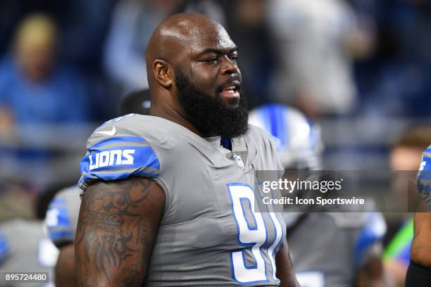 Detroit Lions defensive tackle A'Shawn Robinson warms up prior to a game between the Chicago Bears and the Detroit Lions on December 16 at Ford Field...