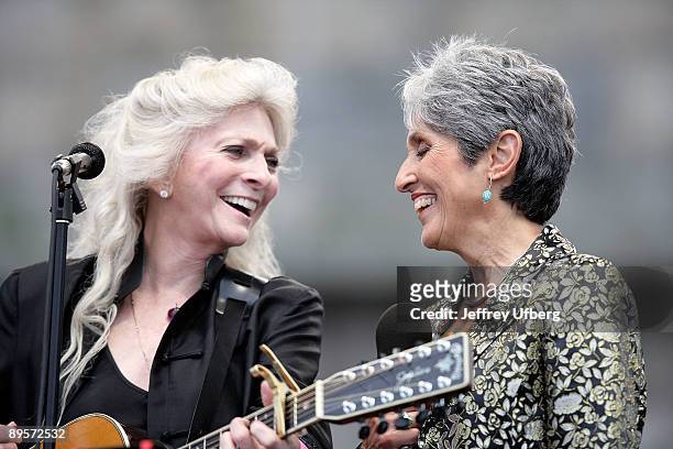 Singer/Songwriters Judy Collins and Joan Baez perform during day 2 of George Wein's Folk Festival 50 at Fort Adams State Park on August 2, 2009 in...