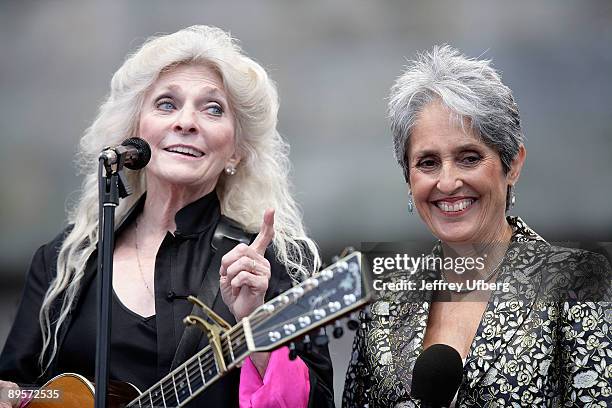 Singer/Songwriters Judy Collins and Joan Baez perform during day 2 of George Wein's Folk Festival 50 at Fort Adams State Park on August 2, 2009 in...