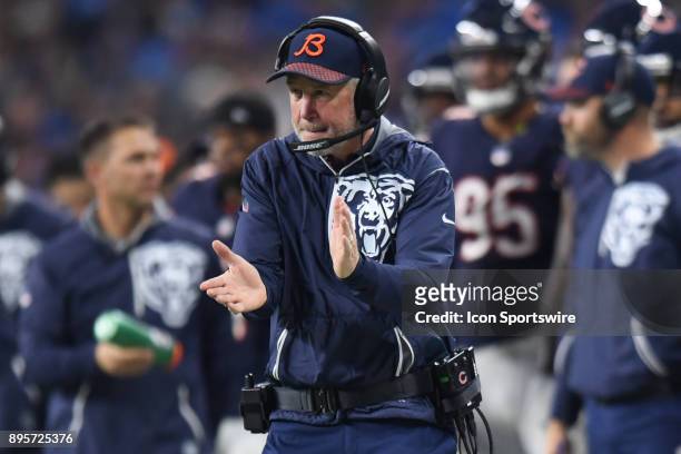 Chicago Bears head coach John Fox applauds his team during a game between the Chicago Bears and the Detroit Lions on December 16 at Ford Field in...