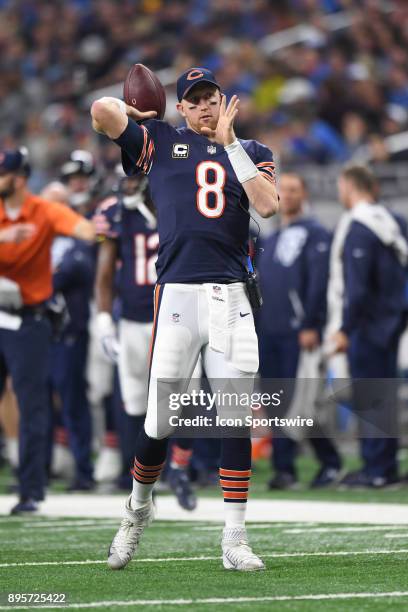 Chicago Bears quarterback Mike Glennon warms up during a game between the Chicago Bears and the Detroit Lions on December 16 at Ford Field in...