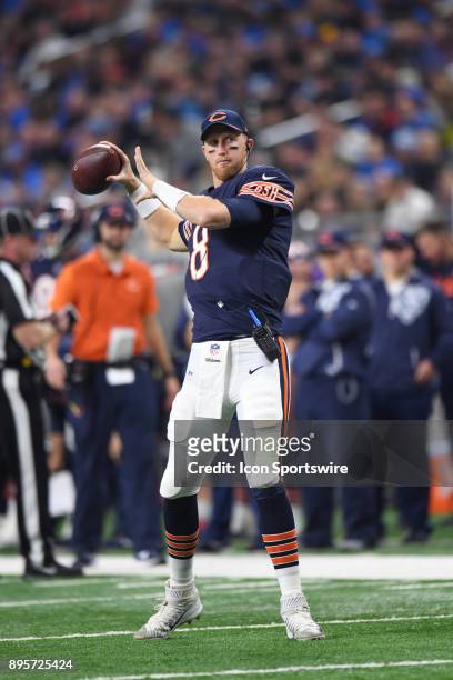 Chicago Bears quarterback Mike Glennon warms up during a game between the Chicago Bears and the Detroit Lions on December 16 at Ford Field in...
