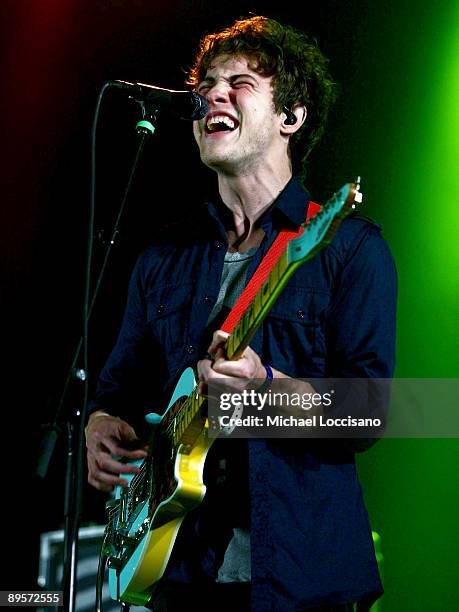 Musician Andrew VanWyngarden of MGMT performs during the 2009 All Points West Music & Arts Festival at Liberty State Park on August 2, 2009 in Jersey...